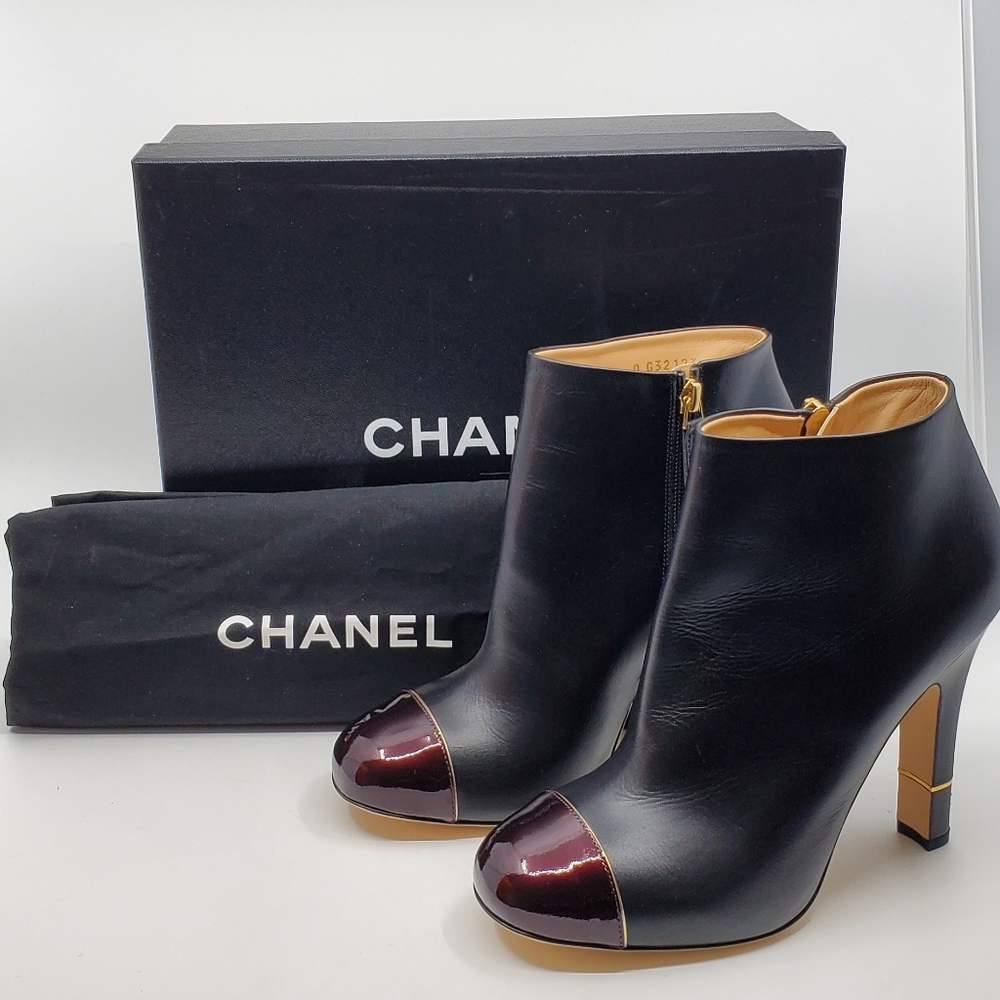 Chanel Black/Burgundy Leather and Patent  Anckle Boots.